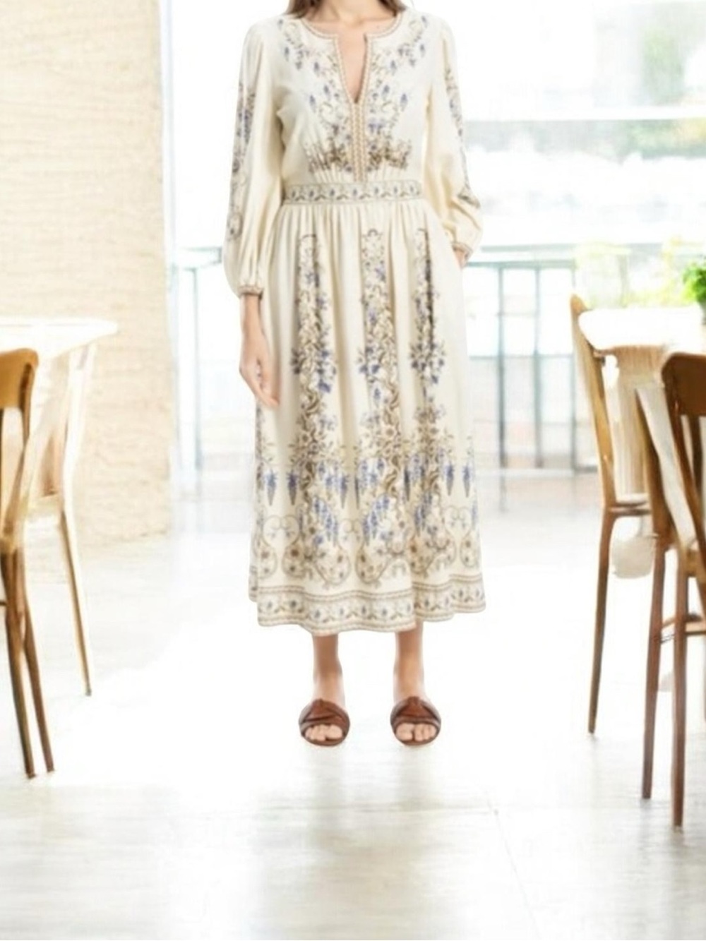 Floral Print Balloon Sleeve Maxi linen Dress long sleeve - Picture 2 of 10